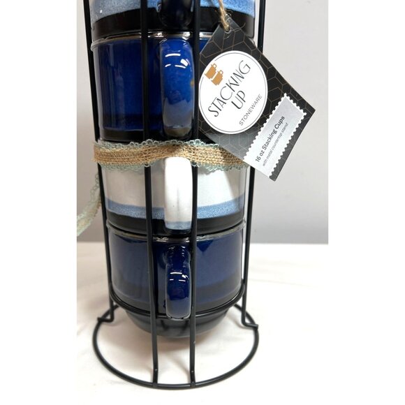 Boston Warehouse Stacking Up Stoneware 16 Oz Blue & White Stacking Cups Set With - Picture 6 of 6